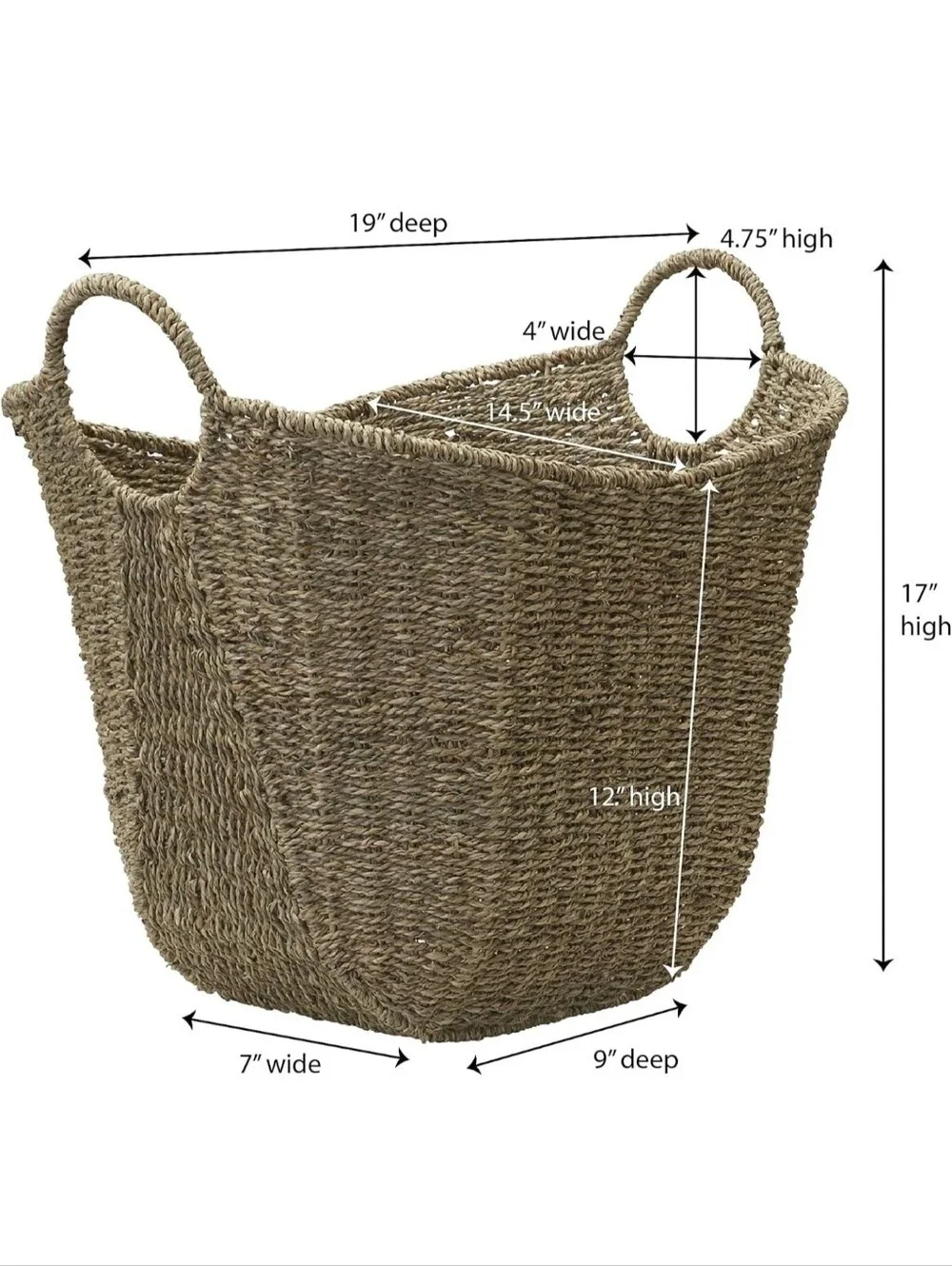 Household Essentials Brown Wicker Storage Basket W Handles Lge Natural Seagrass